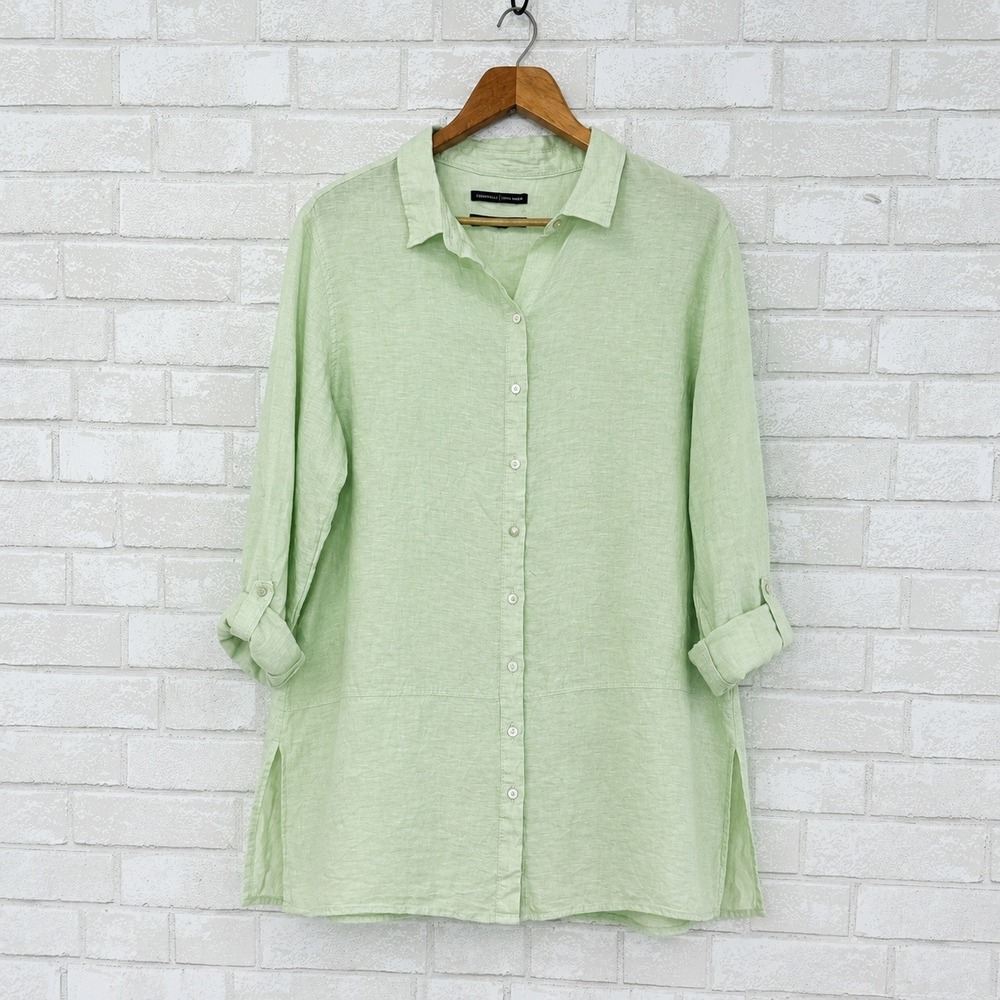 Tahari Sage Green Linen Button Shirt Sz M Roll Tab Oversized Lagenloook Coastal